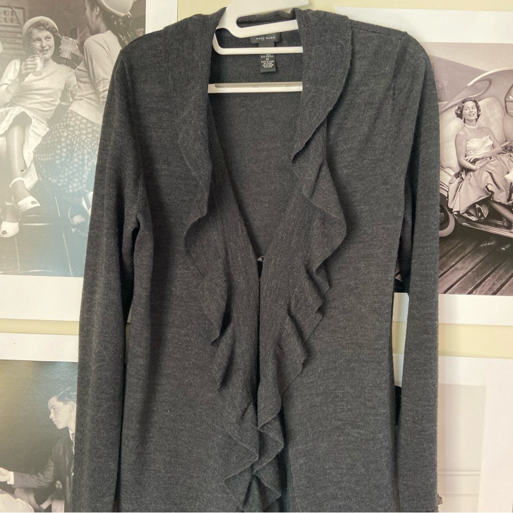 Only Mine Long Open Front Ruffle Trim Cardigan 50% Merino Wool Size M